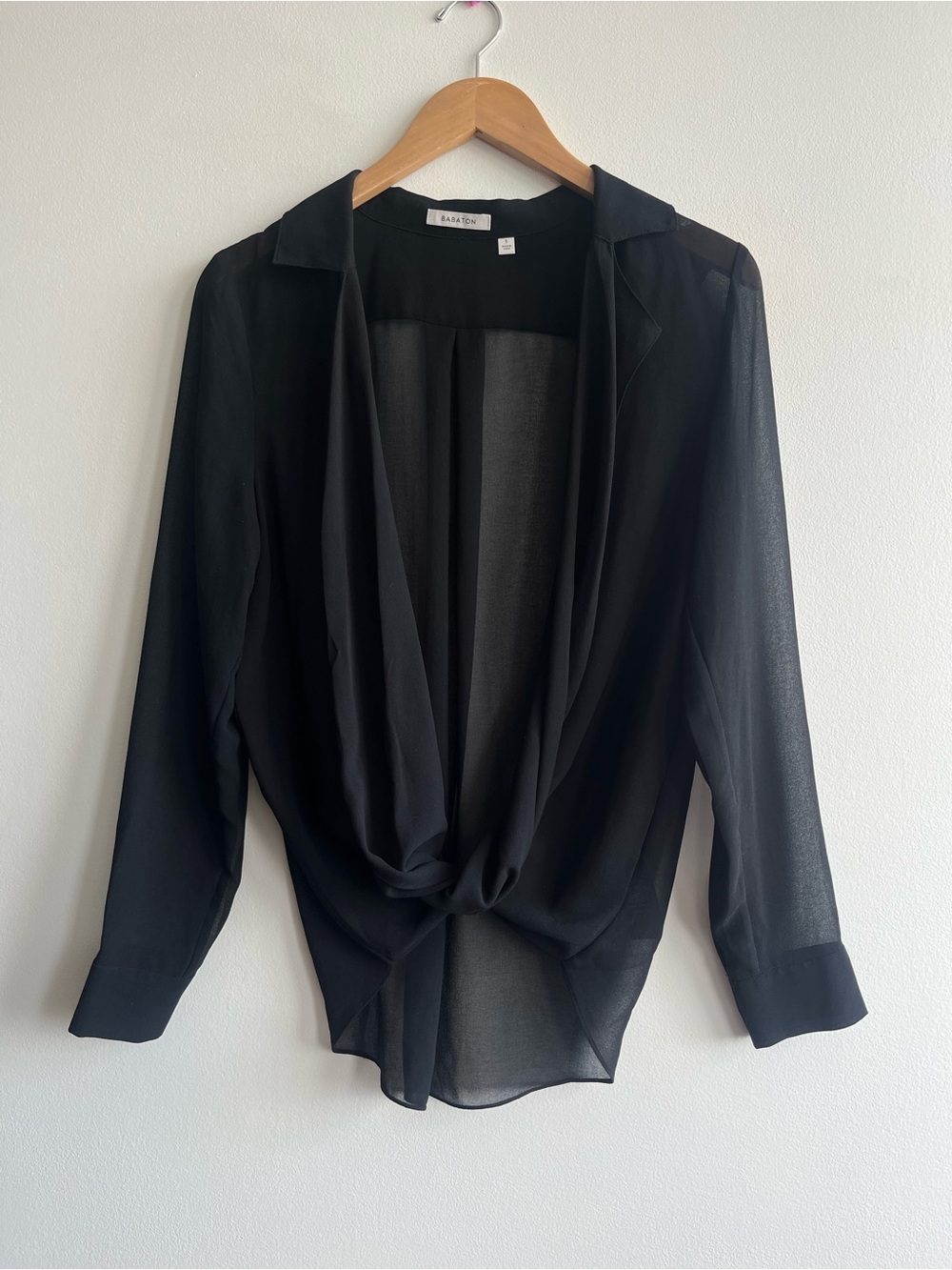 Babaton Sheer Black Blouse Sz Small | Draped Twist Front Top | Minimalist Office
